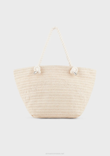 femei R802G735 Geantă shopper de plajă din rafie cu broderie logo Armani