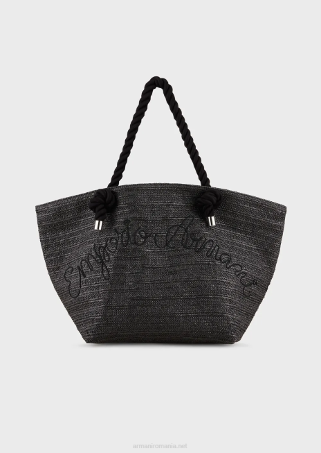femei R802G736 Geantă shopper de plajă din rafie cu broderie logo Armani