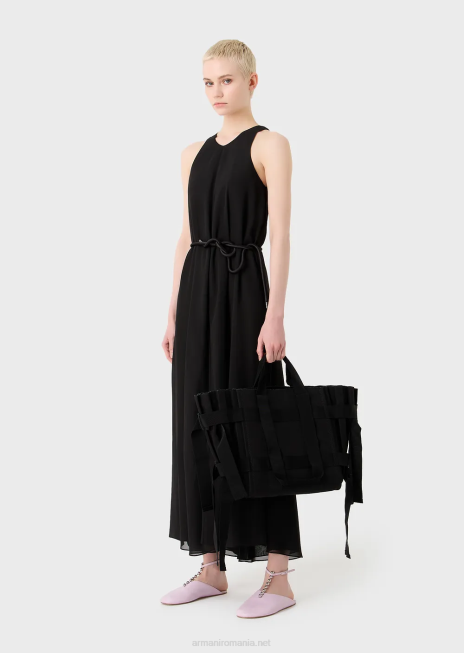 femei R802G739 geantă shopper mare din pânză plisată Armani negru