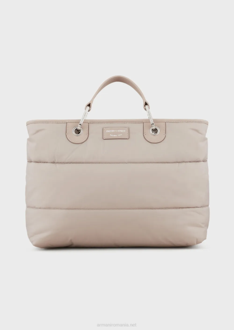femei R802G669 geantă shopper medium myea din nailon matlasat, reciclat Armani bej