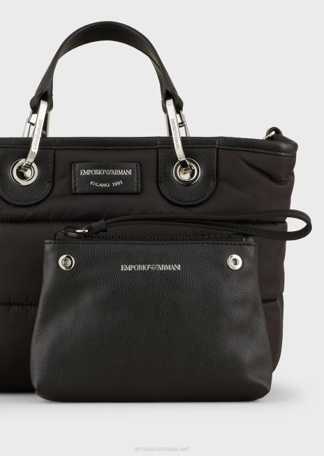 femei R802G670 geantă shopper mică myea din nailon matlasat, reciclat Armani negru