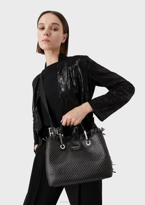 femei R802G709 geantă mică myea geantă shopper din paie țesute Armani negru
