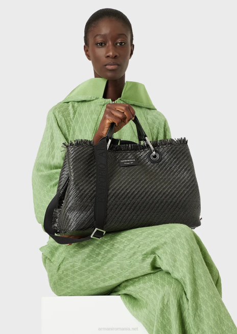 femei R802G710 myea bag geantă de cumpărături din paie țesute Armani negru