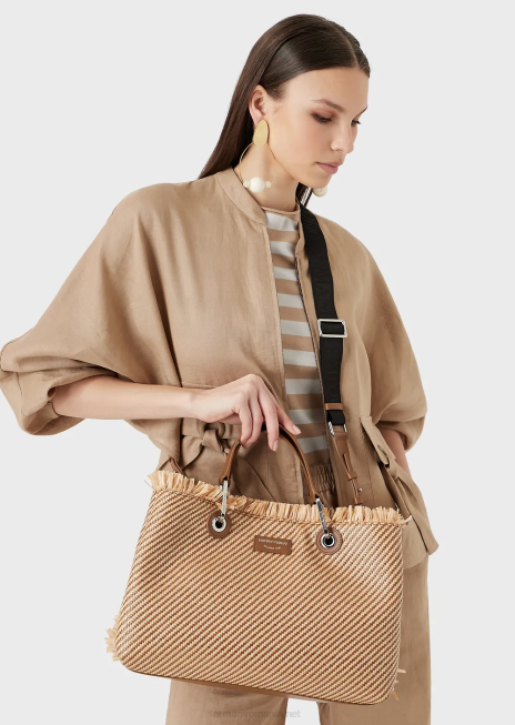 femei R802G712 myea bag geantă de cumpărături din paie țesute Armani piele de bivol