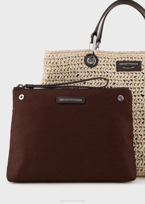 femei R802G721 geantă shopper medium myea din paie matelasse Armani bej