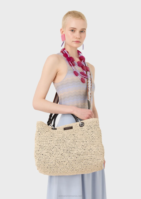 femei R802G721 geantă shopper medium myea din paie matelasse Armani bej