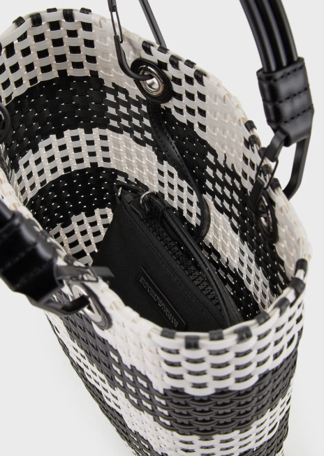 femei R802G722 geantă shopper myea țesătă verticală cu model cu carouri Armani bianco e nero