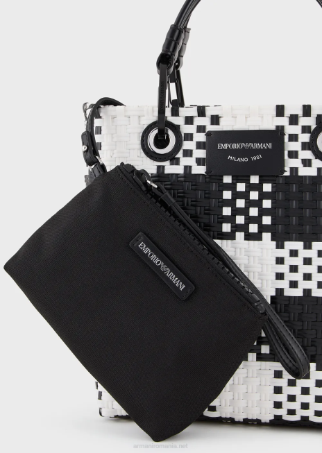 femei R802G722 geantă shopper myea țesătă verticală cu model cu carouri Armani bianco e nero