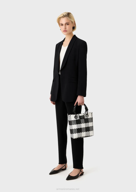 femei R802G722 geantă shopper myea țesătă verticală cu model cu carouri Armani bianco e nero