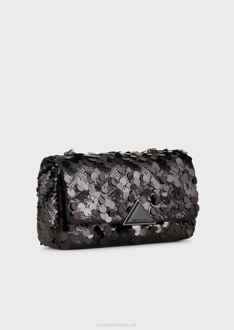 femei R802G619 Geantă clutch din satin cu paiete și curea de umăr Armani negru