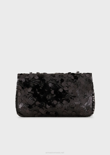 femei R802G619 Geantă clutch din satin cu paiete și curea de umăr Armani negru