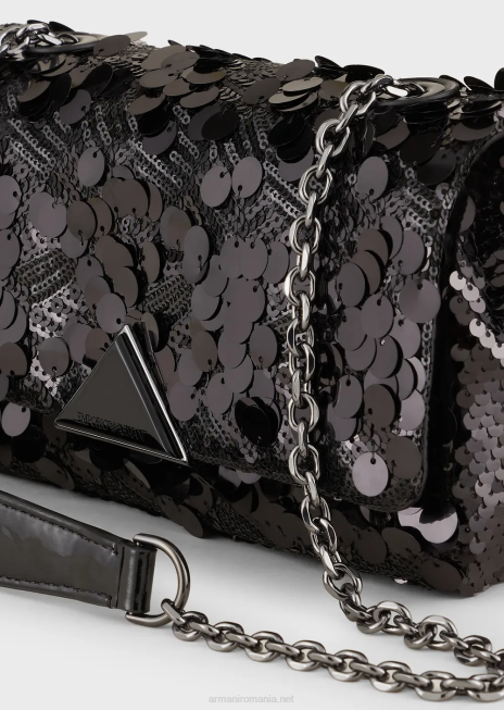 femei R802G619 Geantă clutch din satin cu paiete și curea de umăr Armani negru