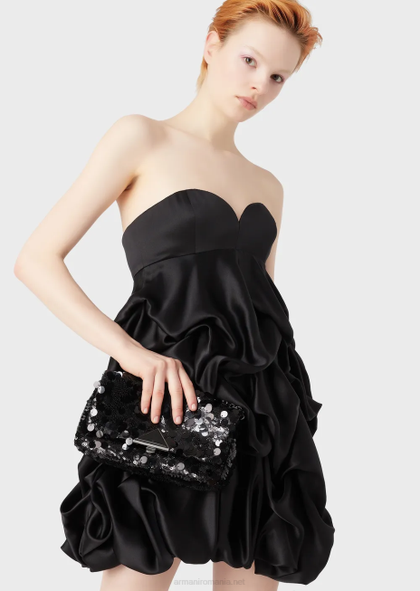 femei R802G619 Geantă clutch din satin cu paiete și curea de umăr Armani negru