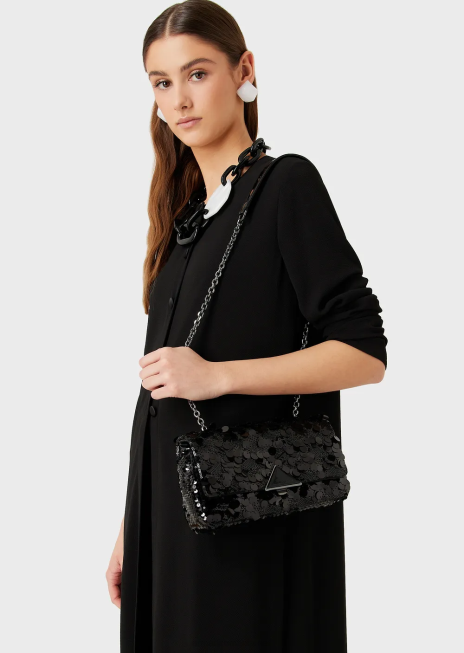 femei R802G619 Geantă clutch din satin cu paiete și curea de umăr Armani negru