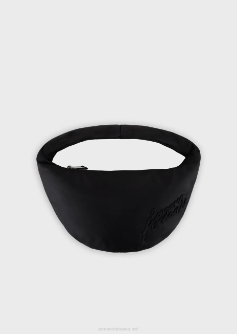 femei R802G745 Geantă hobo din nailon în două nuanțe cu broderie semnătură Armani negru