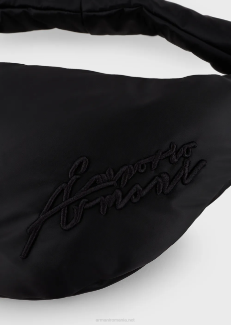 femei R802G745 Geantă hobo din nailon în două nuanțe cu broderie semnătură Armani negru